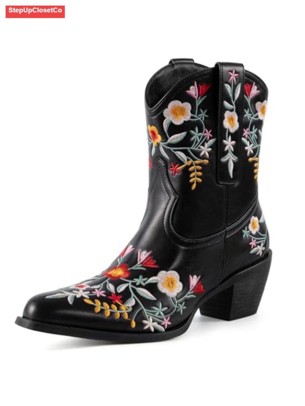 Women's Embroidered Cowboy Boots Snip Square Toe Western Chunky Heel Pull On